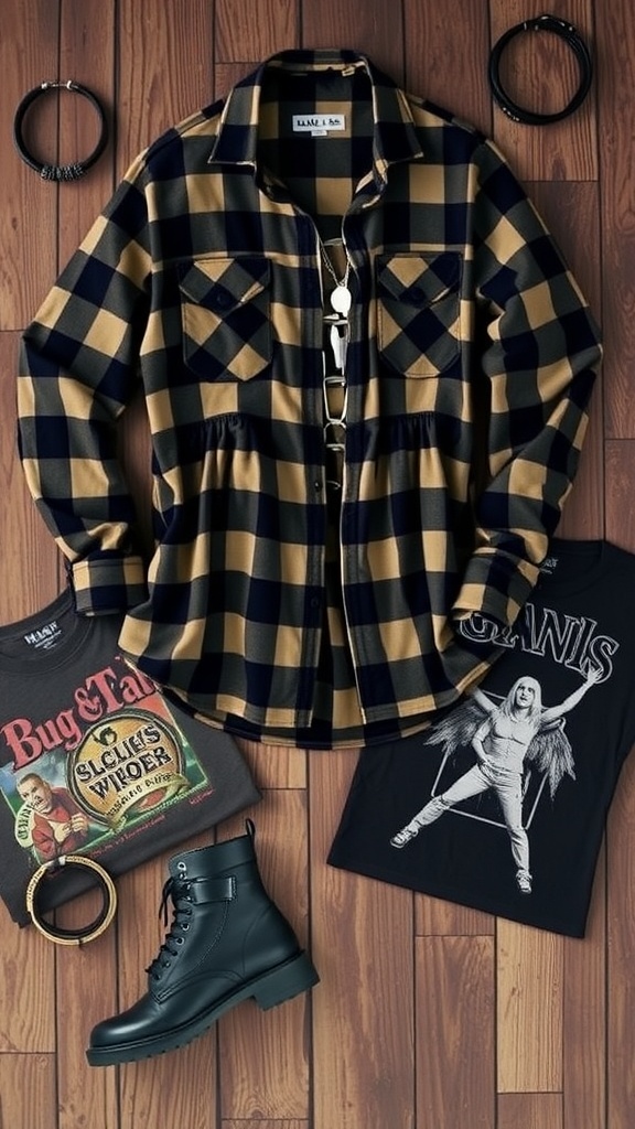 Grunge-Inspired Christmas Wishlist A collection of grunge fashion items including flannel shirts, combat boots, and band t-shirts arranged on a rustic wooden surface.